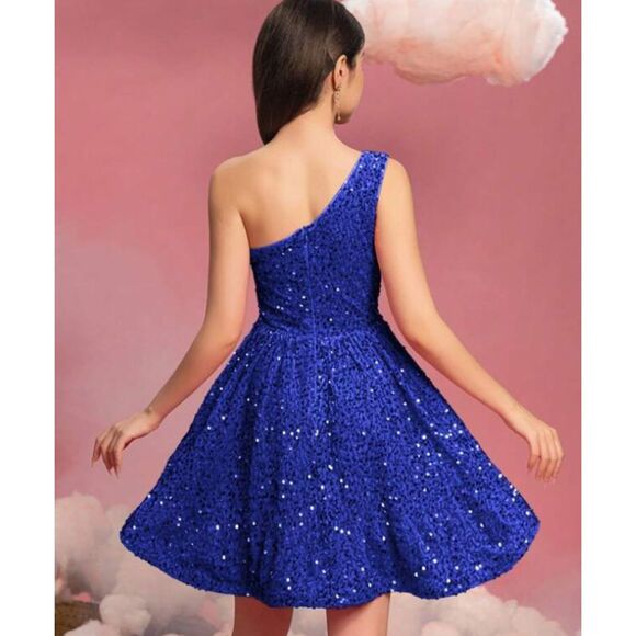 Girls Sz 14 Royal Blue Sparkly Sequin One Shoulder Lined Party Dress ALISA & LEO - Picture 2 of 6